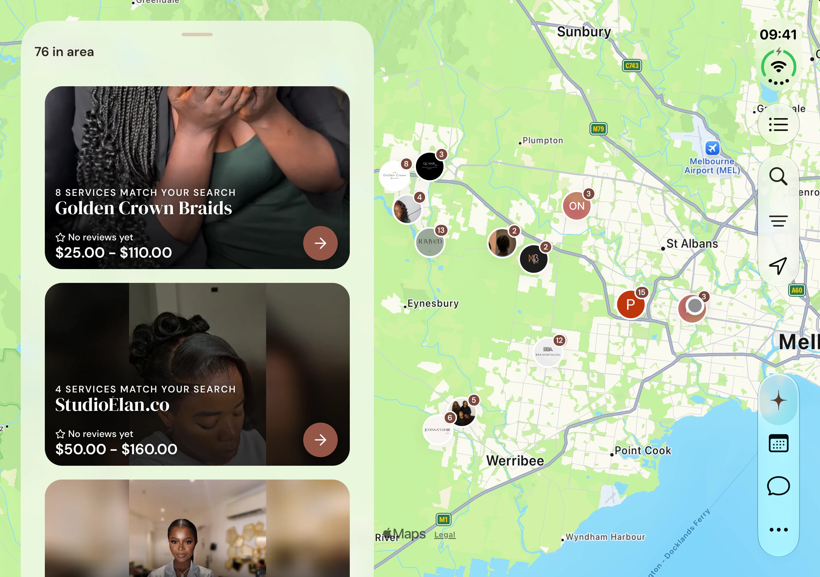 Glowa open on a foldable iPhone: a map of Melbourne's north-west with artist pins, beside a list of 76 artists in the area