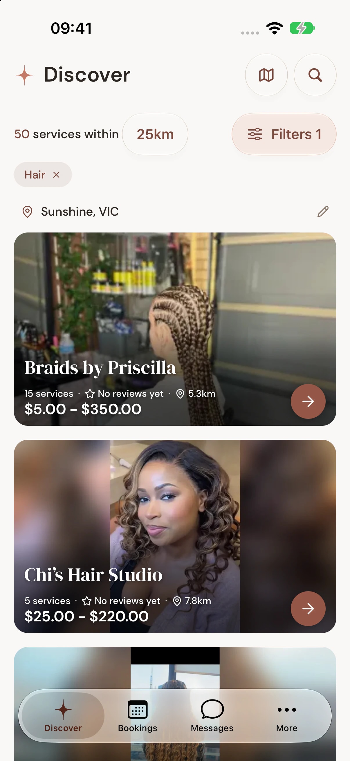 Glowa's Discover screen listing hair services near Sunshine, VIC, with prices