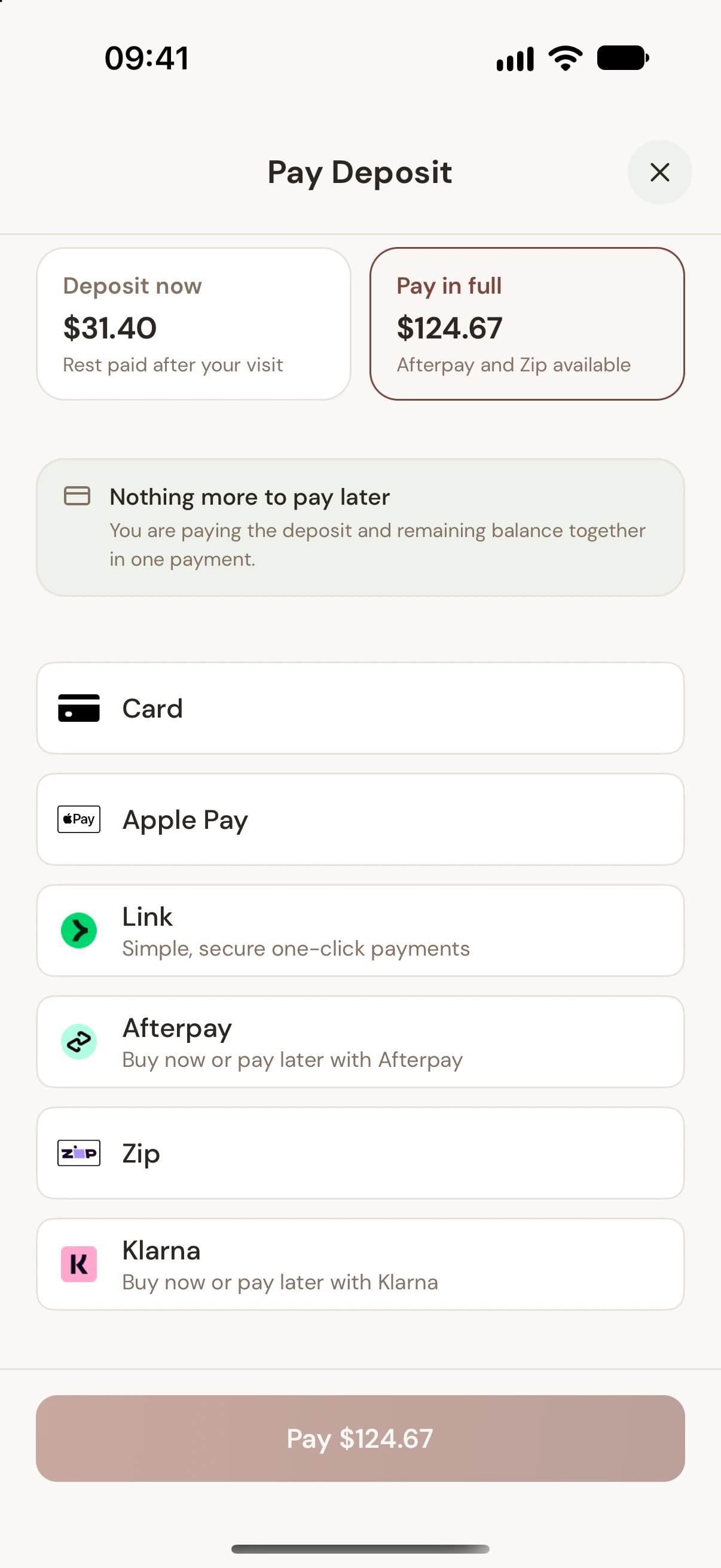 Glowa's deposit checkout offering card, Apple Pay, Link, Afterpay, Zip and Klarna