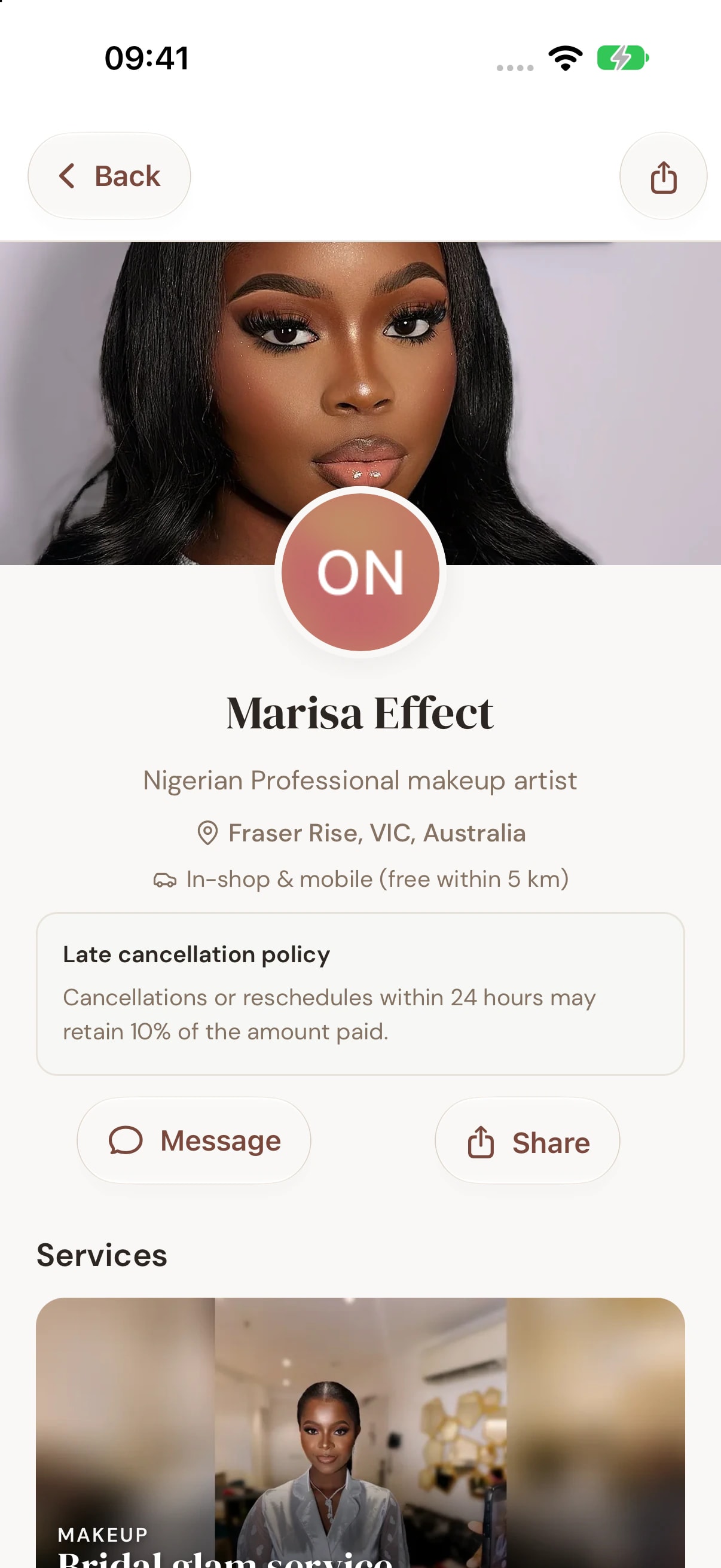 A makeup artist's Glowa profile with location, travel options, cancellation policy and a Message button