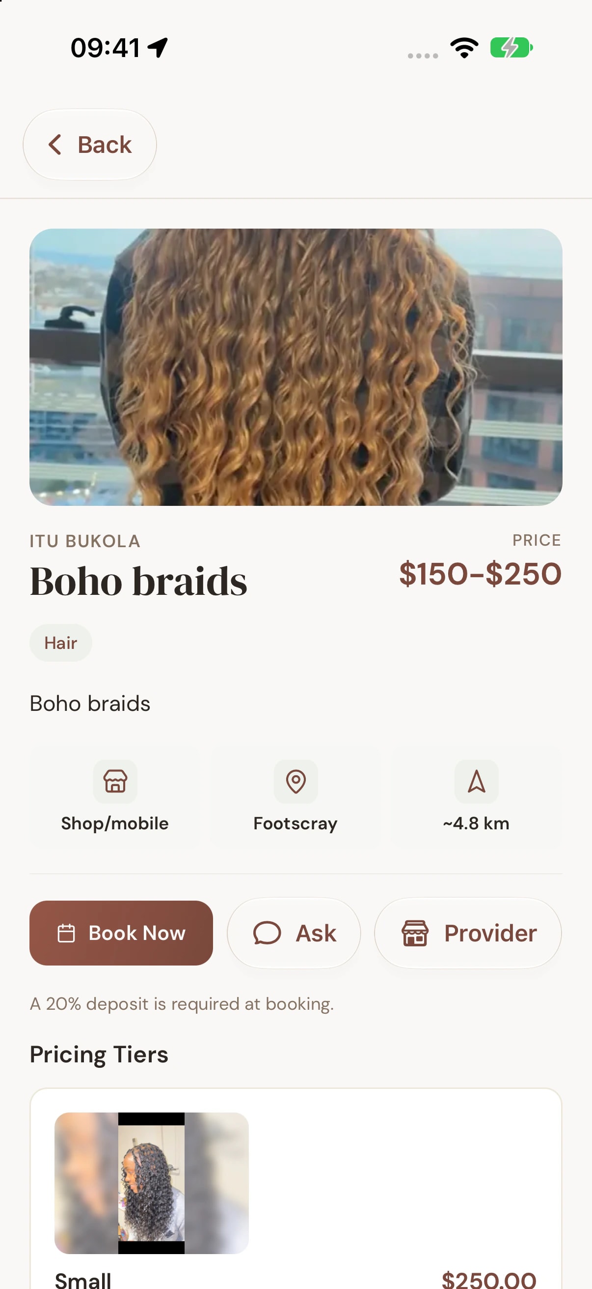 A Glowa service page for boho braids priced at $150 to $250, with Book Now and Ask buttons